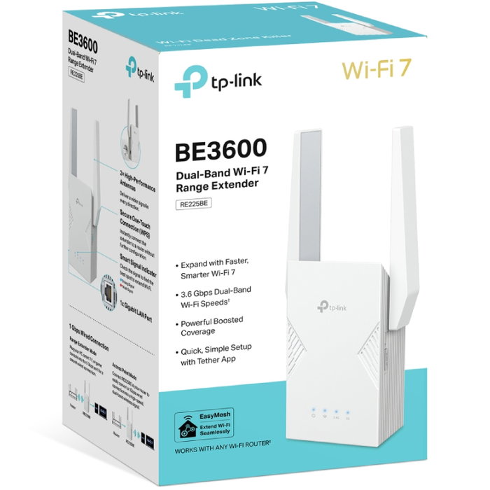 TP-Link RE225BE BE3600 Extensor de Red Wi-Fi 7 de Doble Banda, Blanco TP-Link RE225BE BE3600 Extensor de Red Wi-Fi 7 de Doble Banda, Blanco